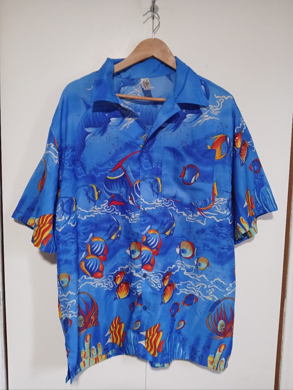 India Boutique Hawaiian Shirt XL Blue Tropical Coral Reef Fish Ocean